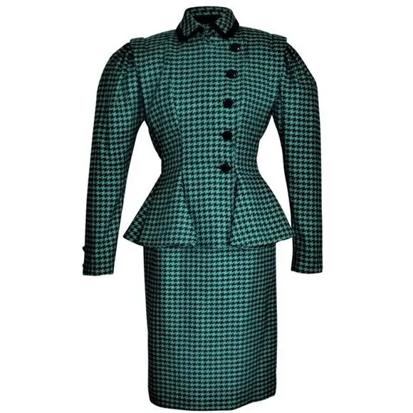 Victor Costa Herringbone Dress Suit Mid 20th Century Lined Velvet Green/Blk SM - Picture 2 of 7